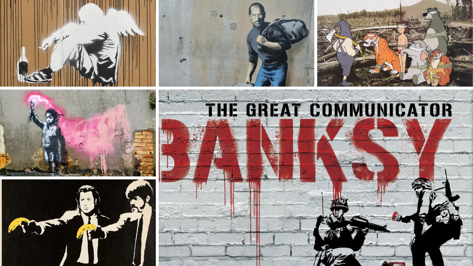 A Trieste il Salone degli Incanti, in Riva Nazario 1, si prepara ad accogliere una mostra non autorizzata di Banksy, “The Great Communicator (Unauthorized exhibition)”, che sarà visitabile dal 25 novembre al 10 aprile 2023. La mostra, curata da Gianni Mercurio, raccoglie una sessantina di opere, tra illustrazioni, video e oggetti dell'artista, la cui identità rimane sconosciuta. Ecco una carrellata delle sue opere