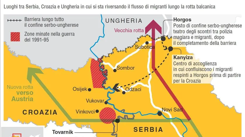 Nell'infografica realizzata da Centimetri la situazione nella zona di confine tra Ungheria, Croazia e Serbia. ANSA/CENTIMETRI