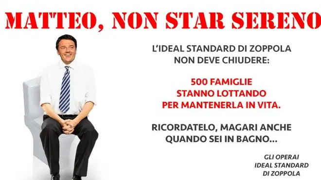 Un'immagine della campagna promossa dagli operai della fabbrica friulana di Orcenico di Zoppola (Pordenone), che puntano a diffondere in rete annunci e video provocatori concepiti per sensibilizzare politici e istituzioni sulla vicenda della loro azienda, 21 Maggio 2014. ANSA/ UFFICIO STAMPA +++ NO SALES, EDITORIAL USE ONLY +++