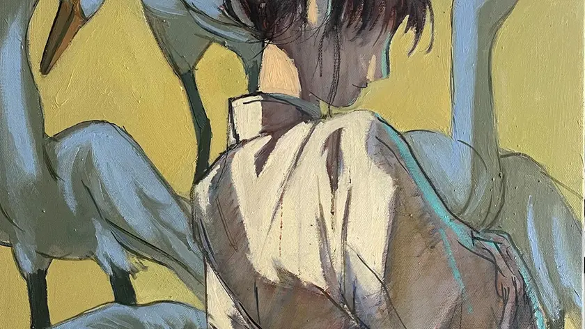 “Il sogno di Leda”, olio e gouache su tela (2023), opera dell’artista Alessandra Carloni