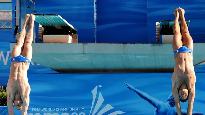 20090718 - ROMA - SPR: TUFFI: MONDIALI; TRAMPOLINO 3M SINCRO UOMINI. I fratelli Nicola e Tommaso Marconi durante la gara dal trampolino 3 metri sincro uomini, oggi 18 luglio 2009 a Roma. ANSA / ETTORE FERRARI / FRR-PAL