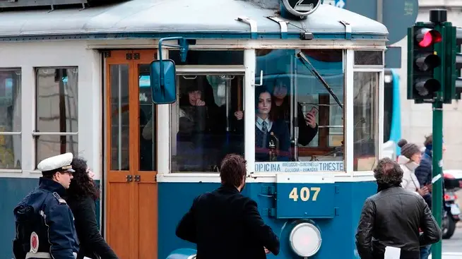 Silvano Trieste 12/03/2016 Piazza Oberdan, le riprese per la fiction della Rai, con il tram di Opicina