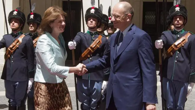 Italian Prime Minister Enrico Letta (R) meets his Slovenian counterpart Alenka Bratusek (L) at Chigi Palace in Rome, Italy, 12 June 2013. .ANSA/CLAUDIO PERI