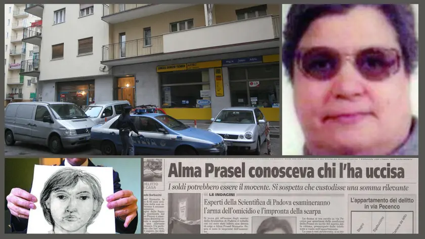 Da sinistra in senso orario: lo stabile di via Pecenco dove è avvenuto l'omicidio, la vittima, Alma Prasel, un giornale dell'epoca - era il 2006 - e l'identikit della donna mai trovata
