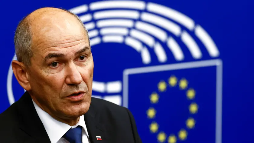 Slovenian Prime Minister Janez Jansa speaks during a press conference after the presentation of the Slovenian Presidency at the European Parliament in Strasbourg, eastern France, Tuesday, July 6, 2021. (Christian Hartmannn, Pool Photo via AP)