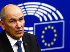 Slovenian Prime Minister Janez Jansa speaks during a press conference after the presentation of the Slovenian Presidency at the European Parliament in Strasbourg, eastern France, Tuesday, July 6, 2021. (Christian Hartmannn, Pool Photo via AP)