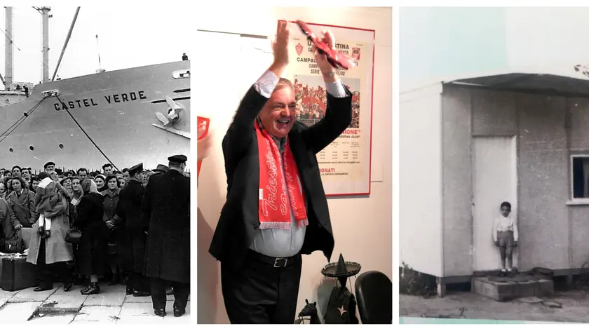 La partenza della Castel Verde per l’Australia nel 1954, nella sede della Triestina e a destra il piccolo Biasin davanti alla baracca del campo profughi in Australia