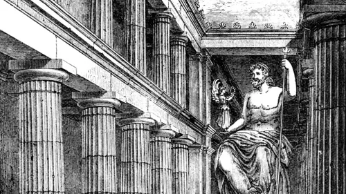 Interior of Temple of Zeus, Olympia, Greece illustration from book dated 1878.