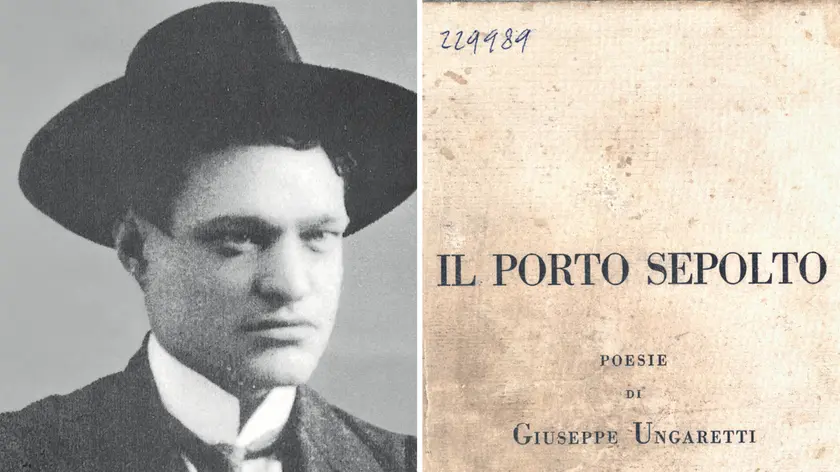 Giuseppe Ungaretti studente a Parigi, 1914 e la copertina de Il porto sepolto nella prima edizione del 1916