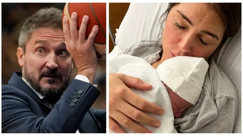 Gianmarco Pozzecco e, a destra, la moglie Tanya con la piccola Gala