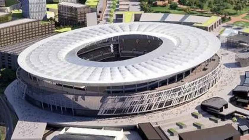 Un rendering del progetto dello stadio a Tor di Valle dove dovrebbe sorgere il nuovo impianto dell'AS Roma, 15 giugno 2015. ANSA/RONNY GASBARRI