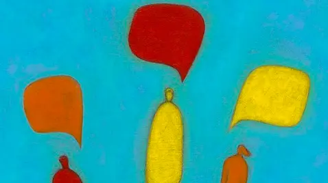 Three people chatting, illustration --- Image by © Marie Bertrand/Corbis