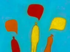 Three people chatting, illustration --- Image by © Marie Bertrand/Corbis