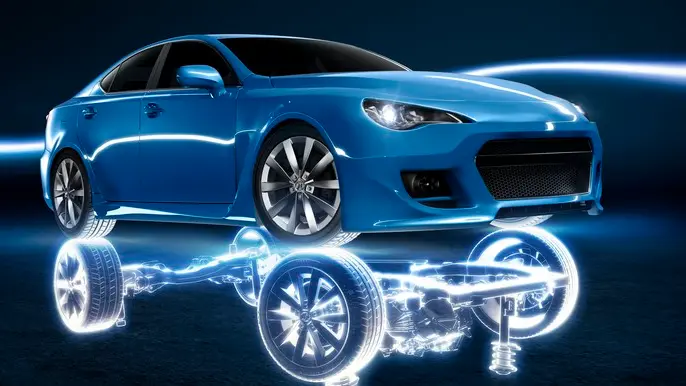 Blue car with glowing car frame in reflection --- Image by © Viaframe/Corbis
