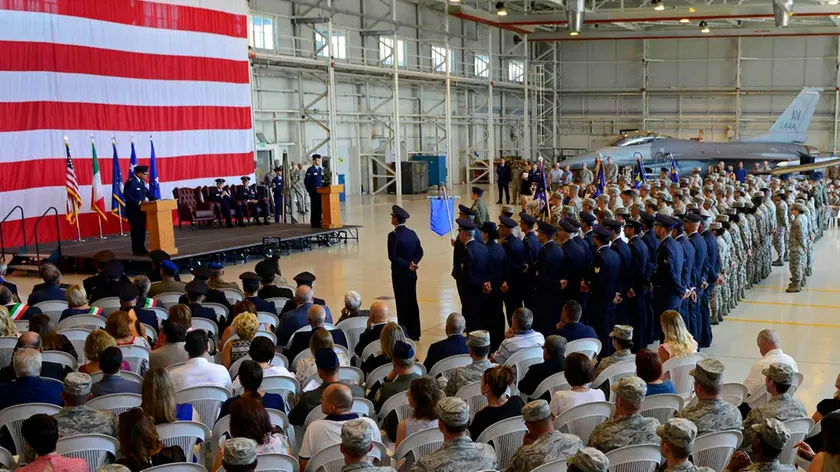 Lt. Gen. Richard Clark, 3rd Air Force commander, speaks during a change of command ceremony at Aviano Air Base, Italy, June 21, 2018. Brig. Gen. Daniel Lasica took command and now commands the only permanently assigned U.S. Air Force fighter aircraft wing in NATO's Southern region and approximately 4,200 active-duty military members, nearly 300 U.S. civilians and 700 Italian civilian employees. (U.S. Air Force photo by Staff Sgt. Cary Smith)