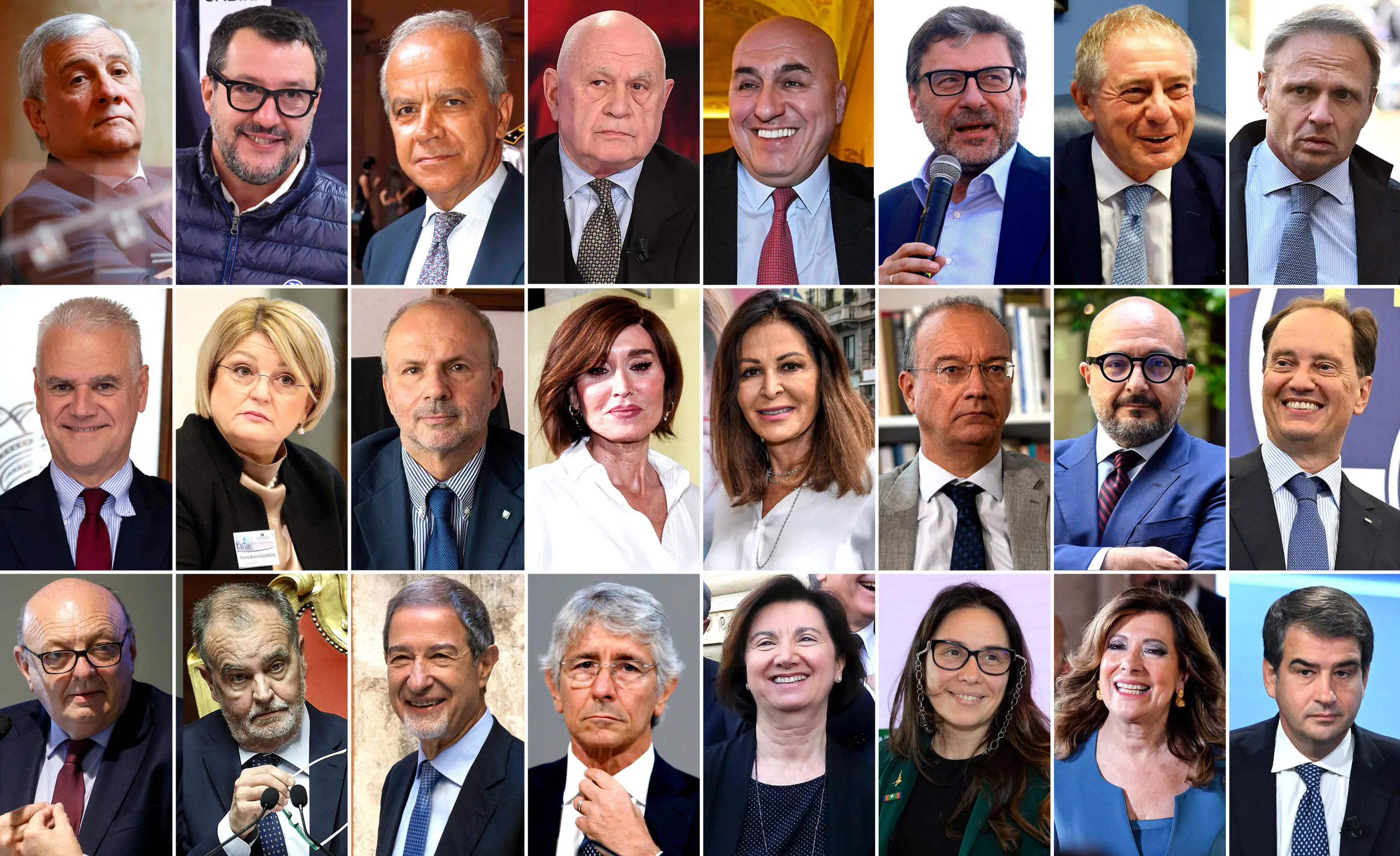 In una foto combo, i ministri del governo Meloni: 1a fila da sx: Antonio Tajani, Matteo Salvini, Matteo Piantedosi, Carlo Nordio, Guido Crosetto, Giancarlo Giorgetti,Adolfo Urso, Francesco Lollobrigida. 2a fila da sx: Paolo Zangrillo, Marina Calderone, Orazio Schillaci, Daniela Santanche',Anna Maria Bernini,Giuseppe Valditara, Gennaro Sangiugliano,Luca Ciriani. 3a fila da sx: Gilberto Pichetto Fratin, Roberto Calderoli, Sebastiano Musumeci, Andrea Abodi, Eugenia Roccella, Alessandra Locatelli, Maria Elisabetta Alberti Casellati, Raffaele Fitto. ANSA