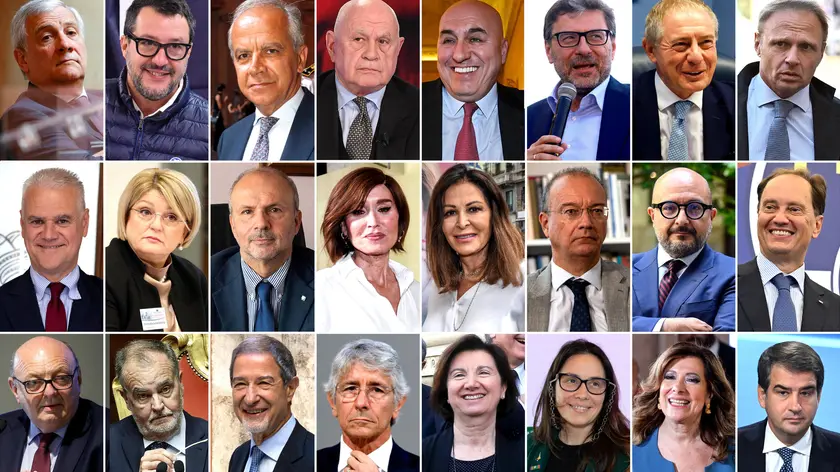 In una foto combo, i ministri del governo Meloni: 1a fila da sx: Antonio Tajani, Matteo Salvini, Matteo Piantedosi, Carlo Nordio, Guido Crosetto, Giancarlo Giorgetti,Adolfo Urso, Francesco Lollobrigida. 2a fila da sx: Paolo Zangrillo, Marina Calderone, Orazio Schillaci, Daniela Santanche',Anna Maria Bernini,Giuseppe Valditara, Gennaro Sangiugliano,Luca Ciriani. 3a fila da sx: Gilberto Pichetto Fratin, Roberto Calderoli, Sebastiano Musumeci, Andrea Abodi, Eugenia Roccella, Alessandra Locatelli, Maria Elisabetta Alberti Casellati, Raffaele Fitto. ANSA