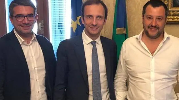 Da sinistra Pierpaolo Roberti, Massimiliano Fedriga e Matteo Salvini, qui in una foto del luglio 2019