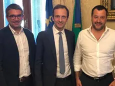 Da sinistra Pierpaolo Roberti, Massimiliano Fedriga e Matteo Salvini, qui in una foto del luglio 2019