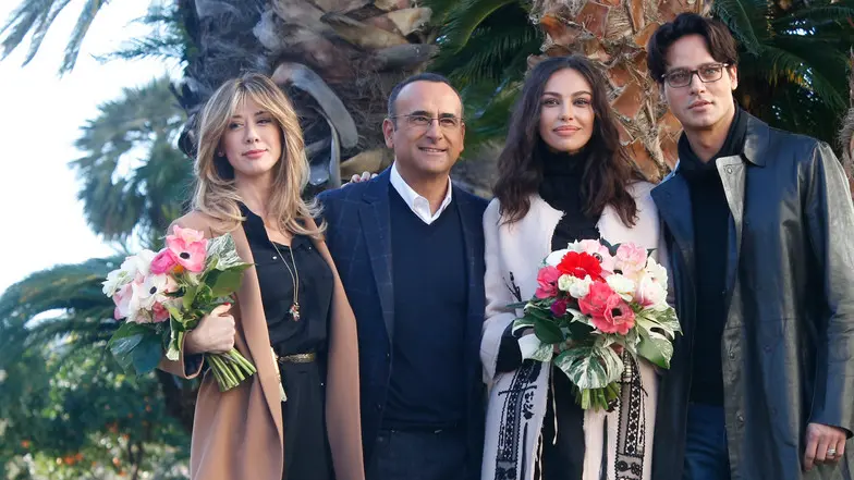 12/01/2016 Sanremo Conferenza Stampa del Festival di Sanremo 66 edizione Nella foto, Virginia Raffaele, Carlo Conti, Madalina Ghenea, Gabriel Garco