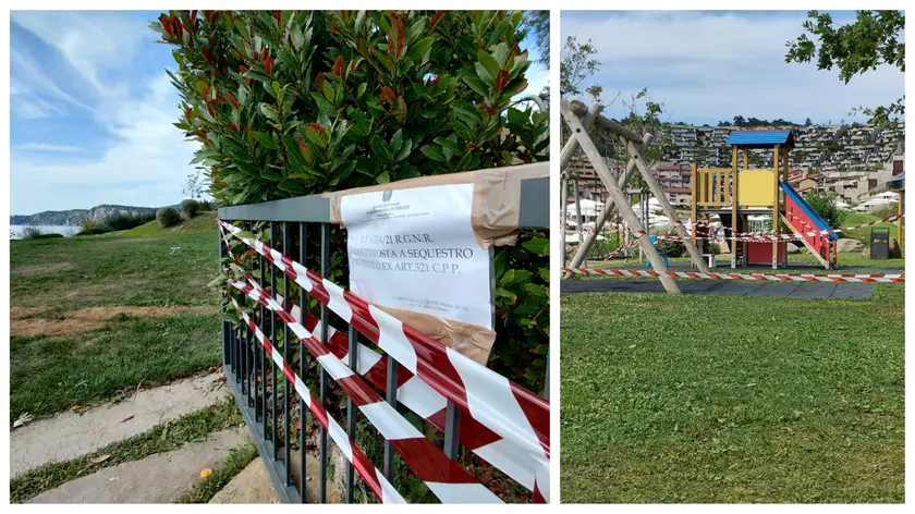 Alcune delle aree sotto sequestro, tra cui l'area giochi al Greeb Beach (Lasorte)