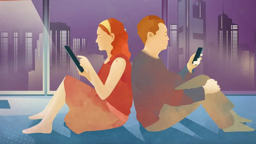 Illustration of couple using mobile devices