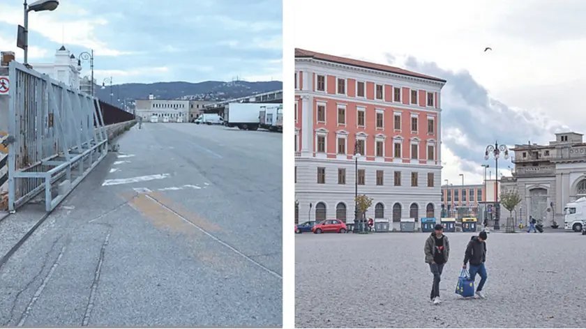 A sinistra, l’area del mercato ortofrutticolo di via Giulio Cesare dove verranno ricavati 50 posti auto per i prossimi due fine settimana (foto Lasorte). A destra i posti auto rimanenti del Molo IV, sotto l’area ex Tripcovich