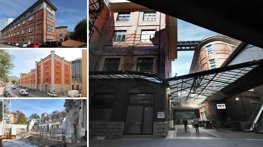 Nella foto grande l’ex stock a Roiano, poi in senso orario: il cantiere in via Gambini delle ex officine Holt, il palazzo che ospitava la Dreher in via Giulia e l’ex stabilimento Stock visto da salita di Gretta (fotoservizio Lasorte)
