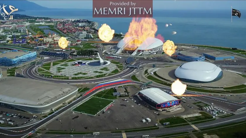 L'elaborazione grafica contenuta nel video diffuso da Memri Jttm mostra una panoramica dello stadio di Sochi in fiamme. Con questo nuovo video l'Isis torna a minacciare i mondiali di calcio in Russia e promette "un massacro come mai prima d'ora".Non è la prima volta che i terroristi minacciano di portare il terrore ai mondali di calcio MAMRI JTTM +++ EDITORIAL USE ONLY NO SALES NO ARCHIVE +++