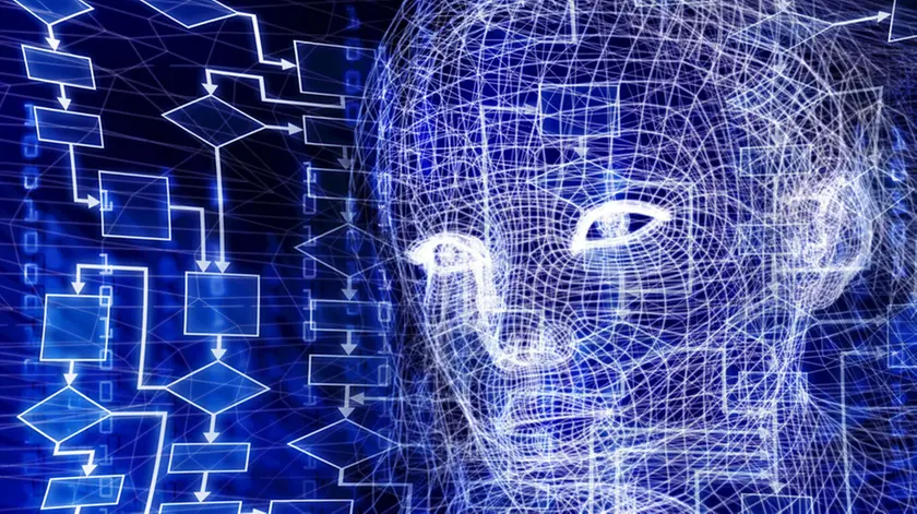 Woman digital wireframe face conceptual 3D illustration with a flow chart and binary code on dark blue background.