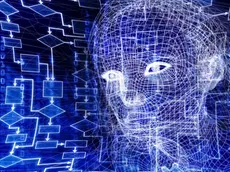 Woman digital wireframe face conceptual 3D illustration with a flow chart and binary code on dark blue background.
