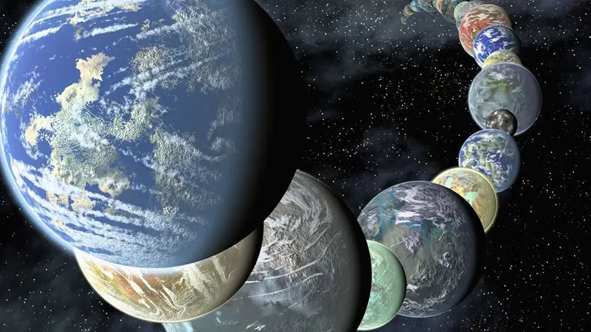 17 Feb 2008 --- This artist's concept illustrates the idea that rocky, terrestrial worlds like the inner planets in our Solar System may be plentiful, and diverse, in the Universe. --- Image by © NASA/JPL-Caltech/Corbis