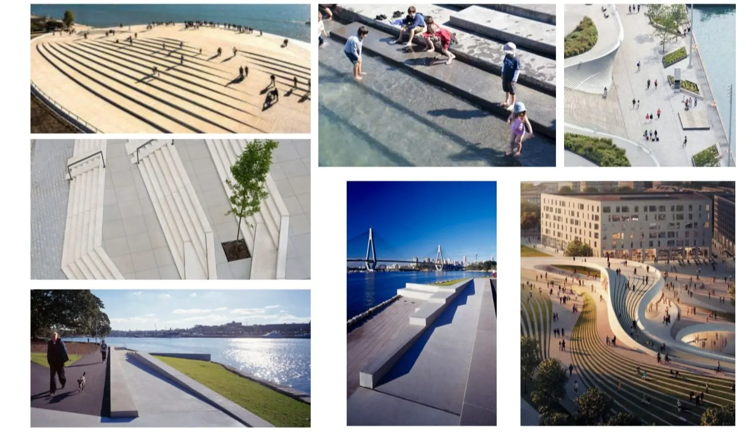 Foto e rendering di progetti realizzati in altre città del mondo, da Barcellona all'Australia, presi come spunto per partire con il progetto di riqualificazione della costiera barcolana