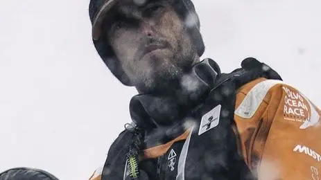 October, 2014. Leg 1 onboard Team Alvimedica. Day 20. A 6AM jibe east and an early build in windspeed keep Team Alvimedica on their toes with a week of hard sailing left until Cape Town. Alberto Bolzan drives Alvimedica in cold and windy South Atlantic conditions as the fleet finally makes good progress towards Cape Town.