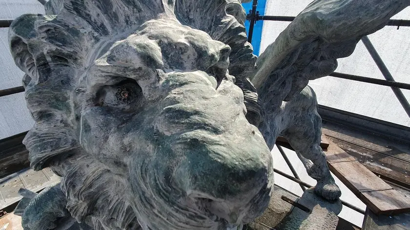 Nella foto il primo piano del Leone di San Marco posizionato in cima alla Colonna della Redenzione permette di notare i vetri incastonati nell’orbita oculare della statua