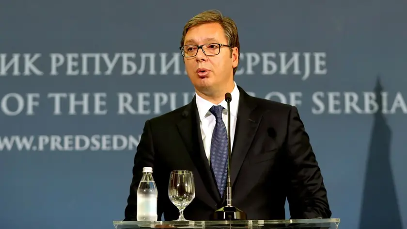 epa06911868 Serbian President Aleksandar Vucic speaks during a joint press conference with Israeli President Reuven Rivlin (not pictured) following their meeting in Belgrade, Serbia, 26 July 2018. President Rivlin is on a one-day official visit to the Serbian capital. EPA-EFE/KOCA SULEJMANOVIC