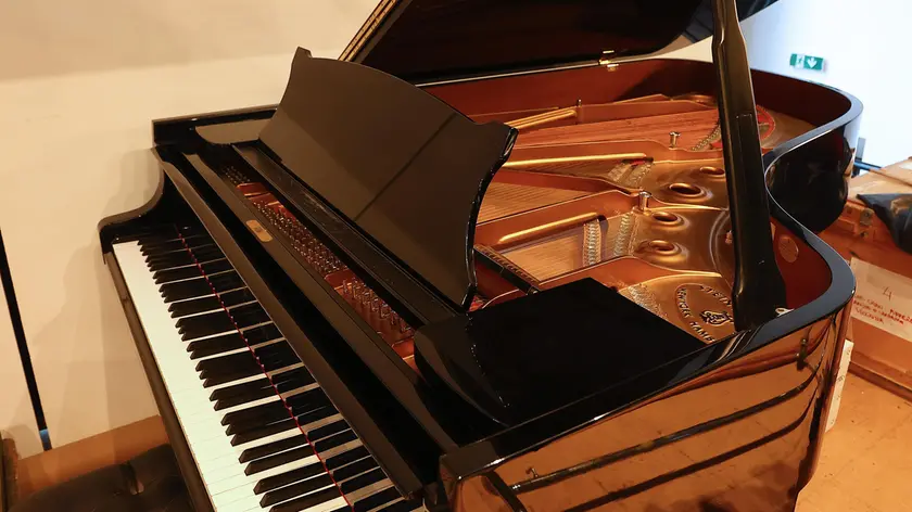Il pianoforte a coda Steinway and Sons, donato 22 anni fa da Rovis: da allora si trova nella sala gestita fino a poco tempo fa dalla Pro Senectute