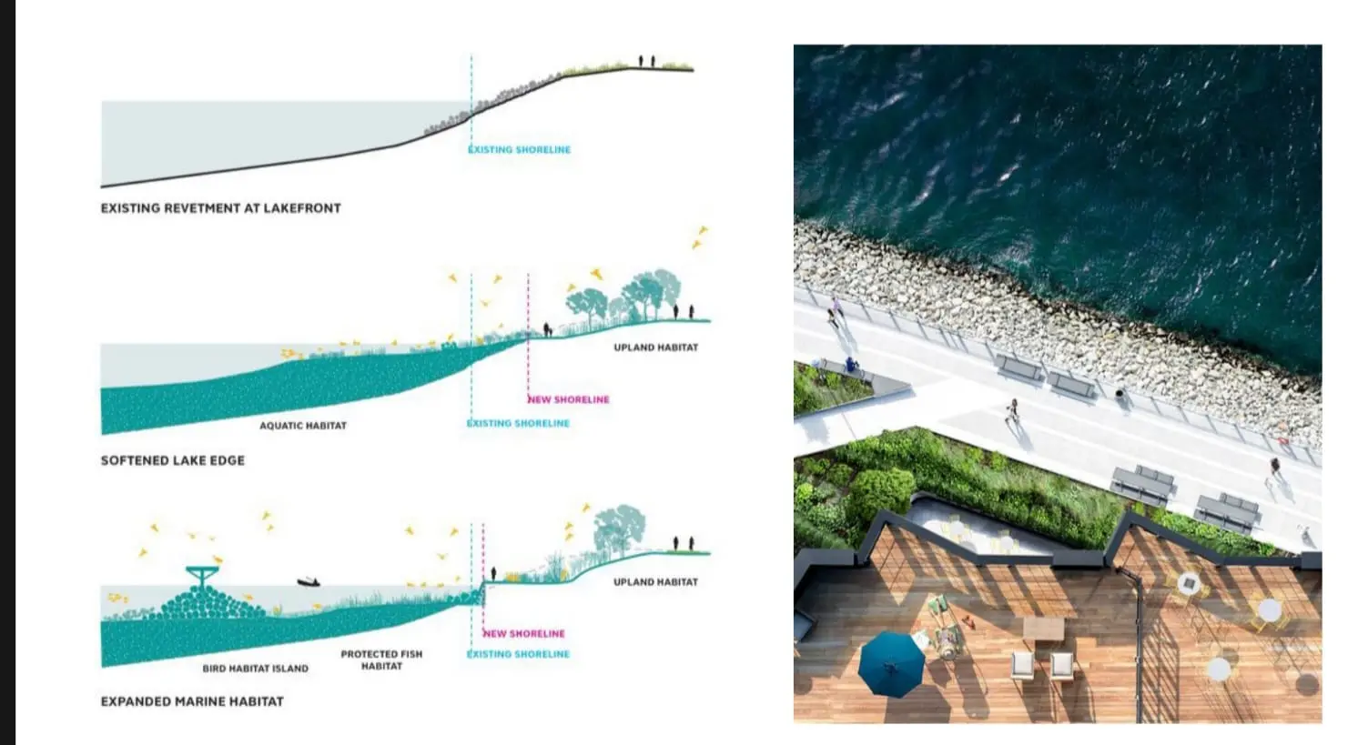 Foto e rendering di progetti realizzati in altre città del mondo, da Barcellona all'Australia, presi come spunto per partire con il progetto di riqualificazione della costiera barcolana