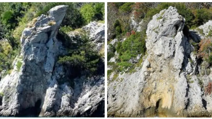 Prima e dopo: a sinistra “El Capel” prima della caduta in mare e a destra lo spuntone di roccia senza più la sua piattaforma naturale