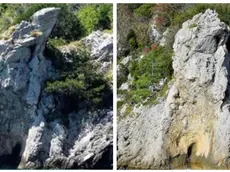 Prima e dopo: a sinistra “El Capel” prima della caduta in mare e a destra lo spuntone di roccia senza più la sua piattaforma naturale