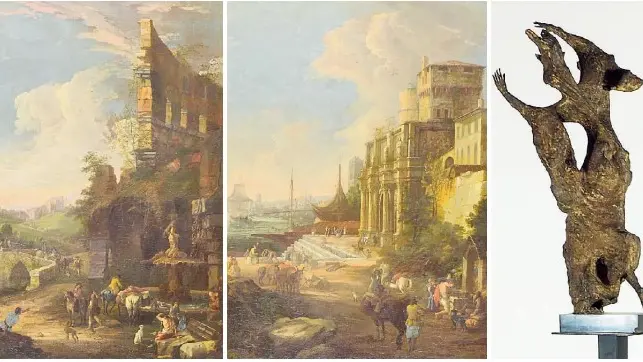 I dipinti "Rovine con ponte e fontana” e "Porto di mare con arco trionfale" di Luca Carlevarijs. A destra, “La danzatrice” di Mascherini