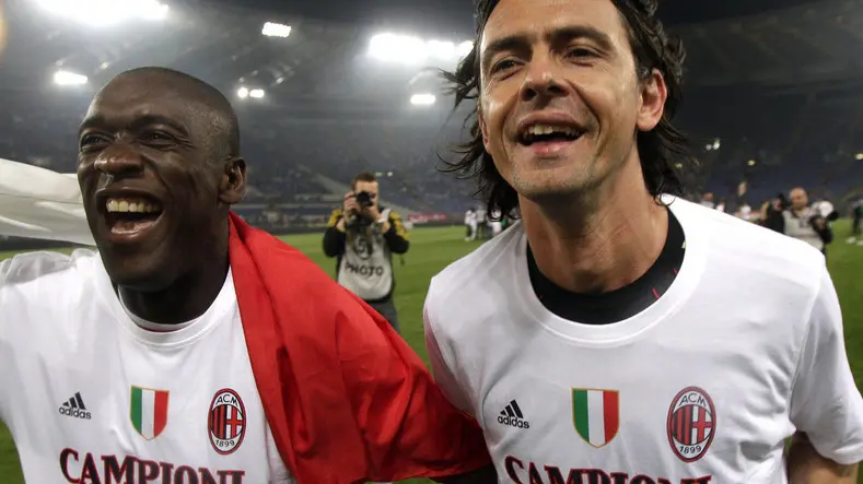 Foto LaPresse.FOTO DI REPERTORIO.09/06/2014.Milan, via Seedorf, il nuovo allenatore è Inzaghi.......FILE -- In this file photo taken on May 7, 2011, AC Milan's Clarence Seedorf, left, and Filippo Inzaghi celebrate after the Serie A soccer match between AS Roma and AC Milan at Rome's Olympic stadium. Real Madrid's Champions League winning coach, Carlo Ancelotti, has backed former player Filippo Inzaghi as the ideal candidate to take over as manager of AC Milan.Current Milan coach Clarence Seedorf is only four months into a 2 ½ year contract, but Italian media reports claim that club owner Silvio Berlusconi has already decided to replace him with the Dutchman's former teammate, Inzaghi. (AP Photo/Pier Paolo Cito)