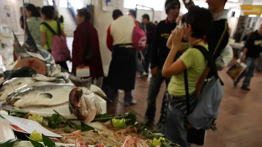 Il banco di una pescheria, in un'immagine d'archivio. Per mangiare pesce da ora in poi servira' un metro a tavola perche' l'Unione europea e l'Italia impongono per salvaguardare le specie marine un limite minimo di taglia, al di sotto del quale il prodotto ittico, molluschi compresi, non puo' essere commercializzato. Disco verde quindi per orate lunghe almeno 20 centimetri, che diventano 11 per triglie e sardine, 18 per sgombri e 20 per sogliole. Sono alcuni dei dettagli delle nuove normativa europea in materia di consumo di pesce. LUCA ZENNARO/ANSA