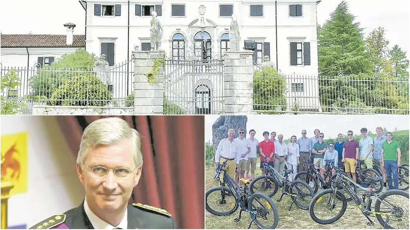 Nella foto Petrussi, sopra villa Gallici Deciani a Montegnacco; in basso Filippo del Belgio e il gruppo degli ospiti belgi (il re è il primo a sinistra)