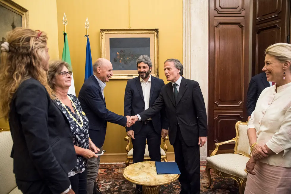 13/07/2018 Roma, Il presidente della Camera, Roberto Fico, assieme al Ministro degli Esteri incontra i genitori di Giulio Regeni. Nella foto Roberto Fico, Enzo Moavero Milanesi, Claudio Regeni, Paola Deffendi