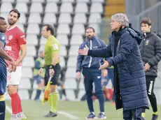 Il tecnico rossoalabardato Bepi Pillon dà indicazioni ai suoi giocatori durante la partita vittoriosa con il Perugia