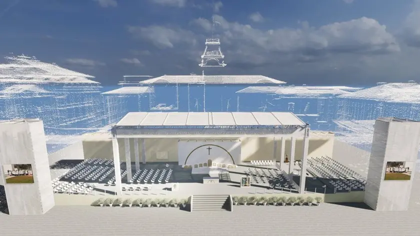 Un render del palco che verrà allestito in piazza Unità d'Italia per la visita del Papa domenica 7 luglio a Trieste