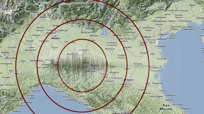 La mappa delle zone colpite dal terremoto.Un terremoto di magnitudo 5,2 è stata registrata alle 12,33 fra le province di Lucca, Massa e La Spezia. Lo rende noto la sala sismica dell'Istituto Nazionale di Geofisica e Vulcanologia (Ingv), 21 giugno 2013 ANSA/WEB