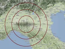 La mappa delle zone colpite dal terremoto.Un terremoto di magnitudo 5,2 è stata registrata alle 12,33 fra le province di Lucca, Massa e La Spezia. Lo rende noto la sala sismica dell'Istituto Nazionale di Geofisica e Vulcanologia (Ingv), 21 giugno 2013 ANSA/WEB