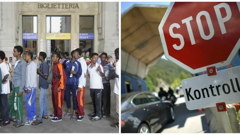 Immigrati alla Stazione centrale di Milano. A destra, i controlli durante il G7 alle frontiere austriache